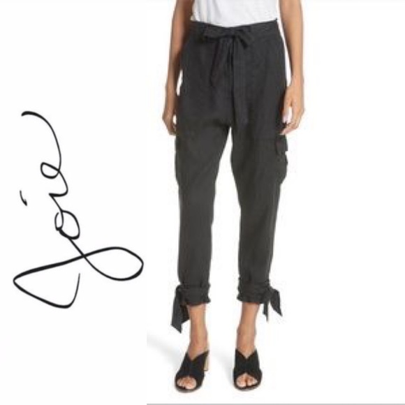 JOIE Erlette Cropped Linen Cargo Pants High Waisted Slouch Waist Ankle Tie Black - Picture 3 of 15